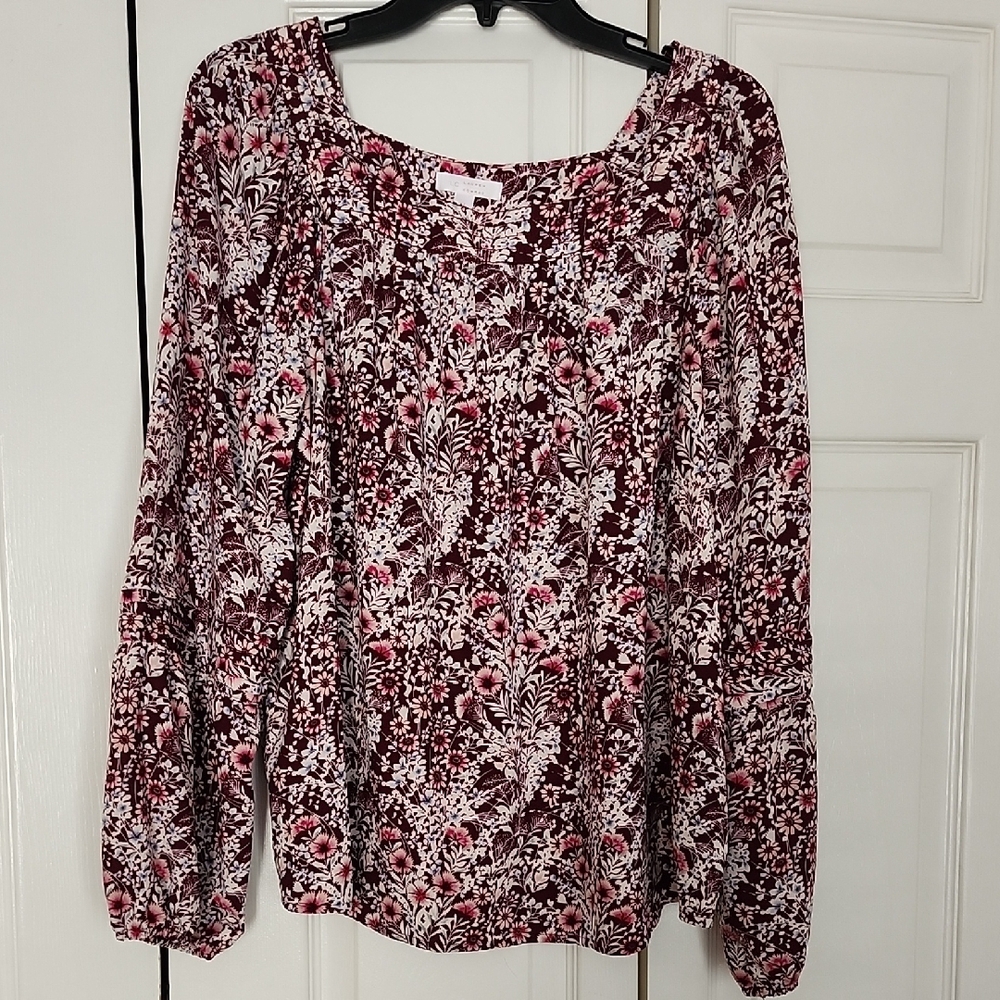 LC Lauren Conrad Floral Peasant Blouse in Burgundy and Pink